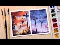 Watercolor painting for beginners sunset and evening landscape easy