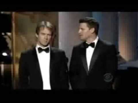 Bones Star David Boreanaz Presenting an Emmy Award along with Stephen Moyer for Guest Actress In A Drama Series.