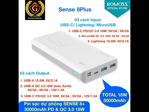 PIN sạc dự phòng ROMOSS SENSE 8 Plus 30000mAh hỗ trợ sạc nhanh PD & QC 3.0 18W