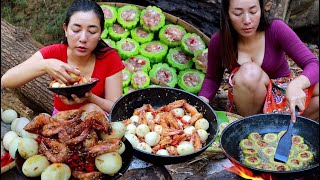 Survival cooking- Cooking shrimp with egg recipe & Pork belly with bitter gourd 