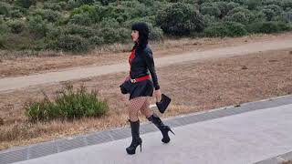 Victoria Devil- Total Black Leather Outfit. Body Miniskirt And Jacket. Black High Heeled Boots.
