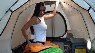 YOUNG GIRL SOLO OVERNIGHT CAMPING  near a mountain lake  sleeping in a tent ASMR