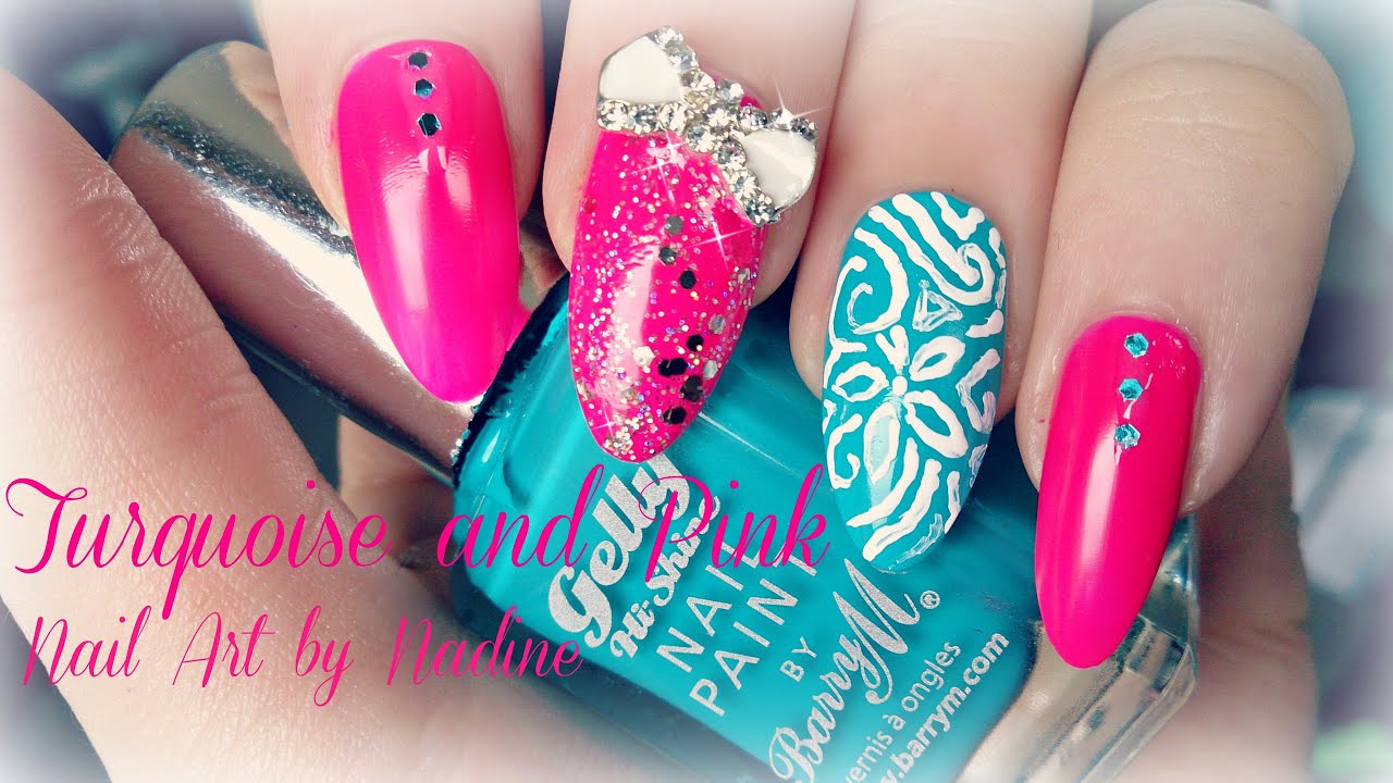 pink and turquoise nail design