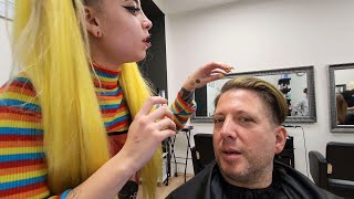💈CUTE CZECH GIRL says she ONLY KNOWS HANDSOME! (Haircut, Hair Wash & Green Hair 