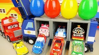 Poli trailer surprise eggs and Cars truck car toys play