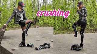 Crushing A Toy Car With The Metal Heels Of Boots, Breaking The Heel In Half