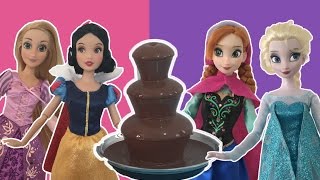 Disney Princess Chocolate Fountain Challenge! +10 Surprise Eggs Disney Dolls Mini Movie NEW!