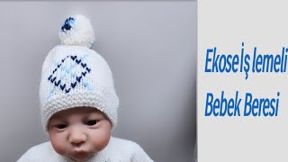 Bebek Beresi Yapımı Ekose İşlemeli -Yeni Doğan Bebek Şapkası