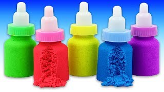 Making Kinetic Sand Baby Milk Bottle DIY with Mad Mattr Learn Colors Play Doh & Kinder Surprise Eggs