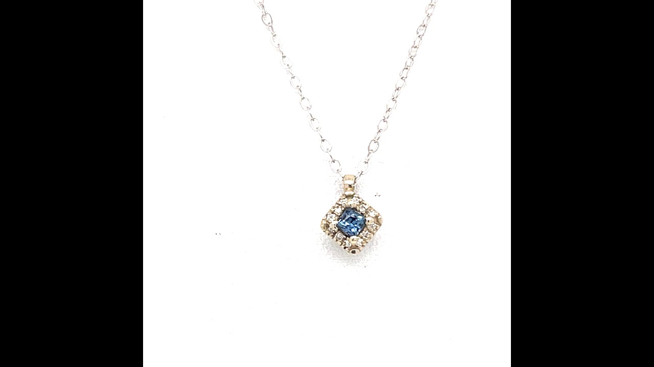 Montana Yogo Sapphire Princess Cut Halo Pendant Necklace 14K White Gold