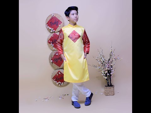 Áo dài cách tân trẻ em nam màu vàng họa tiết rồng _ Jadiny