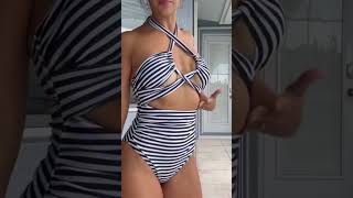 Striped One Piece Bathing Suit With Cutouts #Tryon #Trendingshorts
