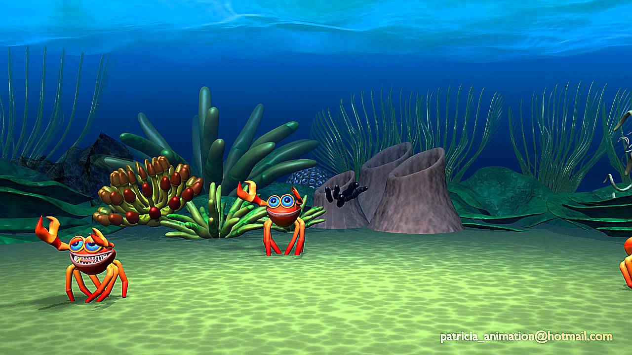 Cartoon Crab 6 Leg Playing Walking Running, Water Waves, Underwater