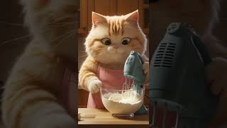 Cute Cat Makes Biscuit Dessert With Cream And Chocolate