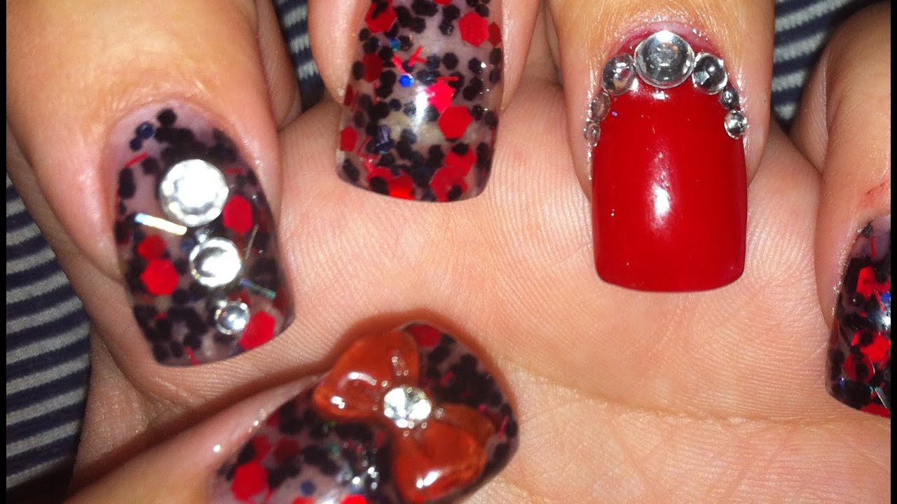 Red Short Acrylic Nails with Rhinestones - wide 5