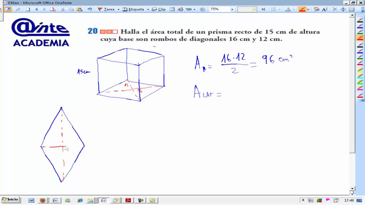 Calcula area lateral prisma recto base rombo Matematicas 2º ESO AINTE