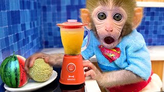 Monkey Baby Bon Bon Drinks Fruit Smoothies And Naughty With Ducklings And Puppy In The Farm