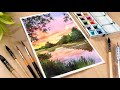 Easy Watercolor painting for beginners sunset and evening Lake landscape