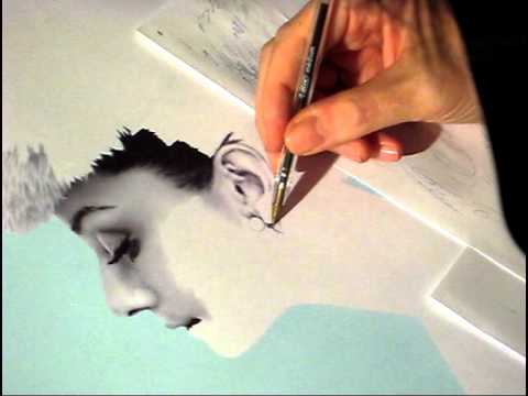 The making of a drawing of Audrey Hepburn Black ballpoint biro pen used