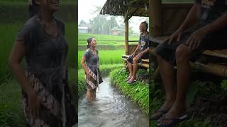 The Life Of A Village Girl Bathing By The Rice Field Near A Bamboo Hut