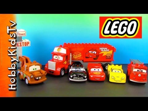VIDEO : lego duplo mack truck + lightning mcqueen box open hobbykidstv - mater doesn't want lightning mcqueen to get to the race. sheriff steps in with a warning. firetruck red, and jeff gorvette are ...