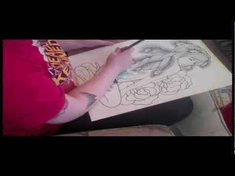 Time Lapse Drawing Pin Up with Peacock tattoo by Carissa Rose
