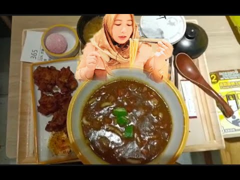 Japanese curry Udon w noodle with fried chicken mukbang//eating show