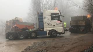 Two Man Trucks Pulling The 155 Tones Tesmec 1675 Trencher - Amazing Heavy Transports