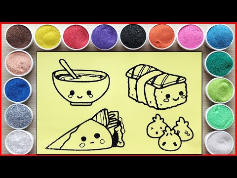 Tô màu tranh cát thức ăn cơm nắm, bánh kẹp, bánh bao, cháo - Sand painting foods (Chim Xinh)
