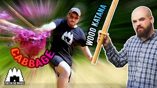 Forging a wooden samurai sword and slicing Veggies | Fort In The Woods | Pool Chop Challenge