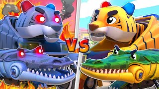 Oh no! TIGER POLICE car and CROCODILE car EVIL TWINS attack the city! | Cars Res