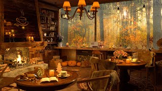 Autumn Cozy Coffee Shop Ambience 4K 🍁Piano Jazz Music for Relaxing, Studying and Working