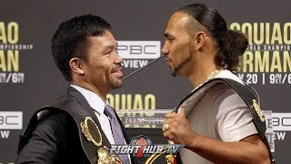 MANNY PACQUIAO LAUGHS IN KEITH THURMAN'S FACE DURING SECOND FACE OFF IN NEW YORK