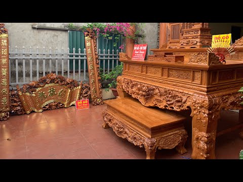 Sập thờ tứ linh gỗ gõ đỏ nam phi | Cuốn thư câu đối gỗ gõ đỏ nam phi