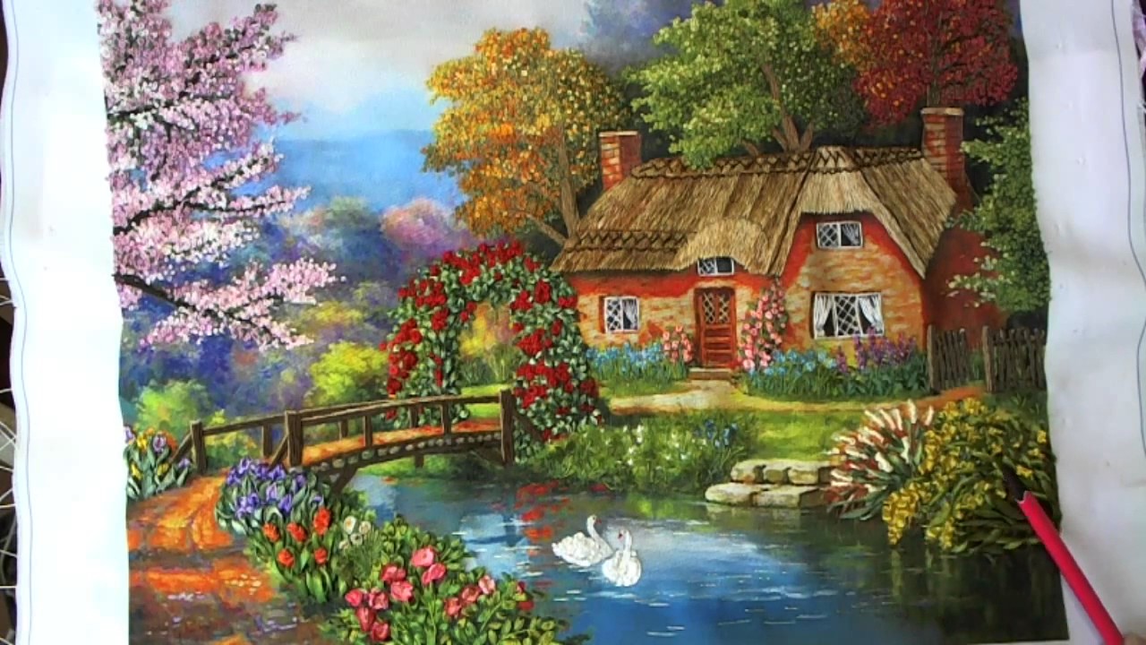 Вышивка лентами с домиком 7