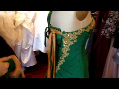 Emerald Green Chiffon and Gold Lace Wedding Dress