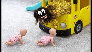 Playing With Lots Of Dolls Bus And Slide For Kids