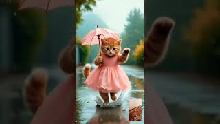 Jumping Cat With Umbrella On The Road - Funny & Cute Cartoon