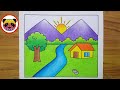 Scenery Drawing / How to Draw Beautiful Landscape Scenery / Village Scenery Drawing Easy / Scenery