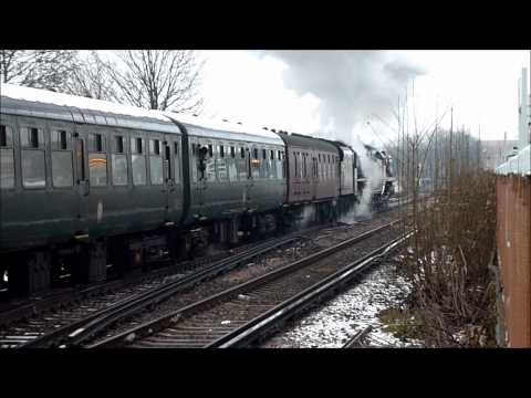 A special double heading by Merchant Navy class 'Clan Line' 35028 and LMS 5MT 44932 'Black Five' on The Christmas Cathedrals Express on day tour of the Kent ...