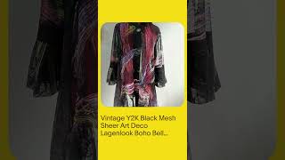 Vintage Y2K Black Mesh Sheer Art Deco Lagenlook Boho Bell Sleeve Blazer Coat