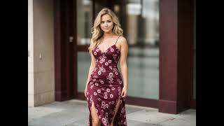 4K Alexa Stuns In Burgundy Floral Slip Dress Midi Elegance With A Flirty Slit