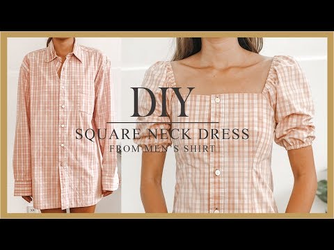 DIY Puff sleeve dress - Refashion Men's Shirt into puff sleeve dress - How to make Square neck dress - YouTube