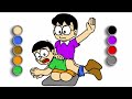 Learn drawing and coloring | How to draw Nobita with Mom | Toy Art 2.
