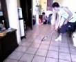 Curling con il cane e una scopa