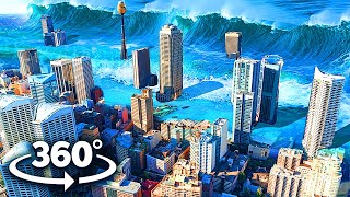 Vr 360 Bird's-Eye View Of The Tsunami  -  Natural Disaster In A Real City