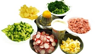 Окрошка на сметане с ветчиной и лимонным соком. Пошаговый рецепт Окрошка на сметане с ветчиной и лимонным соком. Пошаговый рецепт