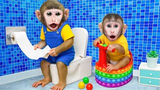 Monkey Momo & Monkey Nana Driving A Tractor Overturns, Then Cleans The Toilet With Baby Monkey