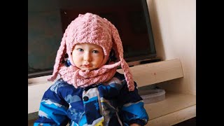 Вязание шапочки с ушками зайца в комплекте со снудом. Часть 2.Knitting of a hat with ears of snudy.