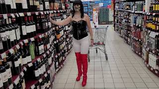 Victoria Devil. Walking In Public At The Supermarket,White Leggings And Red High-Heeled Boots.